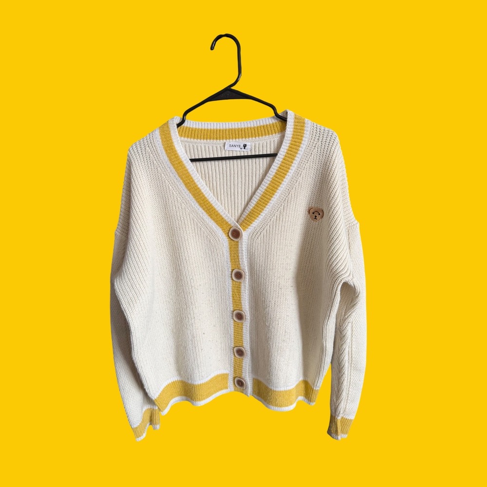Sanye Varsity Ribbed Knit Cardigan Cream Yellow Striped Boxy Fit Sweater Sz 40